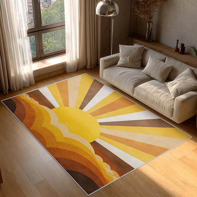 Boho Sun Rugs for Home Decor, 5x8 ft, Abstract Sunburst Retro Area Rugs for Living Room, Soft Non Slip Washable Mid Century Modern Carpet Bedroom Decorations Dt-Ghf-69