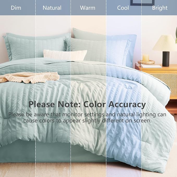 CozyLux Queen Comforter Set Ice Blue, 7 Pieces Seersucker Textured Luxury Bed in a Bag Queen, All Seasons Soft Bedding Sets with Down Alternative Comforter, Sheets, Pillowcases & Shams, Home Gift