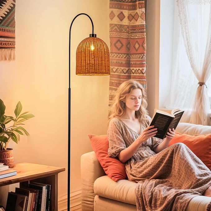 MAYNA 66" Arc Rattan Floor Lamp, Black Boho Standing Lamp with Hand-Woven Wicker Shade, Tall Curved Overarching Reading Light with Foot Switch for Living Room, Bedroom, Coastal Rustic Decor
