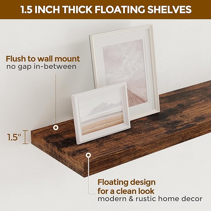 Fun Memories 32" W x 9.3" D Floating Shelves, Rustic Wood Deep Shelves for Bedroom, Kitchen, Living Room, Long Floating Shelf for Wall, Storage Display Wall Shelf for Books Decor, Rustic Brown
