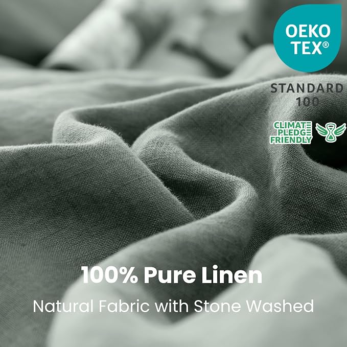 Simple&Opulence 100% Linen Duvet Cover Set 2pcs with Coconut Button Closure Natural French Washed Flax Solid Color Soft Breathable Farmhouse Bedding - Cushing Green, Twin Size