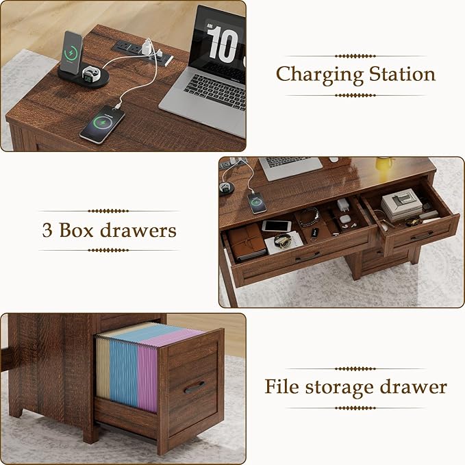 Vabches Farmhouse 47" Executive Desk, Computer Desk with File Drawer and Charging Station, Workstation for Home Office, Study.Red-Brown.