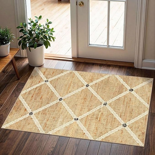 Front Door Mat Indoor - 2x3 Non-Slip Front Door Rug Washable Doormat Indoor Outdoor Entrance Woven-Look Beige Farmhouse Geometric Small Throw Rugs for Entryway Bedroom Kitchen Laundry Room