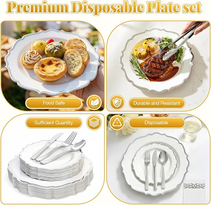 175 Plastic Dinnerware Set,Silver Disposable Dinnerware Set for 25 Guests Include 50 Plastic Plates,25 Silverware Set,25 Cups and 25 Napkins for Christmas,Party,Wedding,Thanksgiving