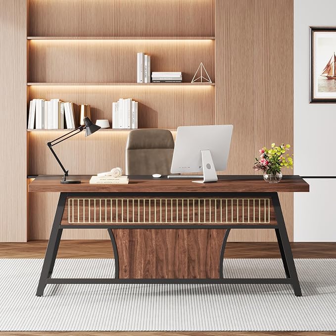 63-inch Executive Desk with Storage Shelf, Large Home Office Desk with Metal Frame & LED Light, Long Computer Desks for Home Office, Walnut and Black
