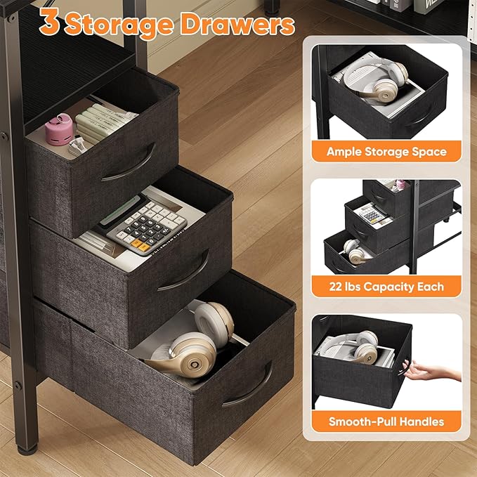 DUMOS L Shaped Desk with Shelf Drawers 55 Inch, Black Corner Computer Desks Gaming with Power Outlet, Study Table with Adjustable Shelves, Home Office Tables for Bedroom Teacher Reading Writing