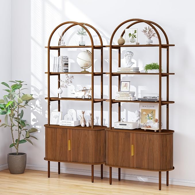 Turtle&Myrtle Tall Arched Bookshelf, Mid Century Modern Fluted Bookcase Cabinet with Sliding Doors, Curved Metal Frame Bookcase, Industrial Storage Display Shelving for Living Room, Bedroom (Walnut)