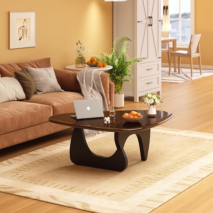 Coffee Table for Living Room Mid Century Modern Center Small Table with Glass Top and Wood, Black Brown