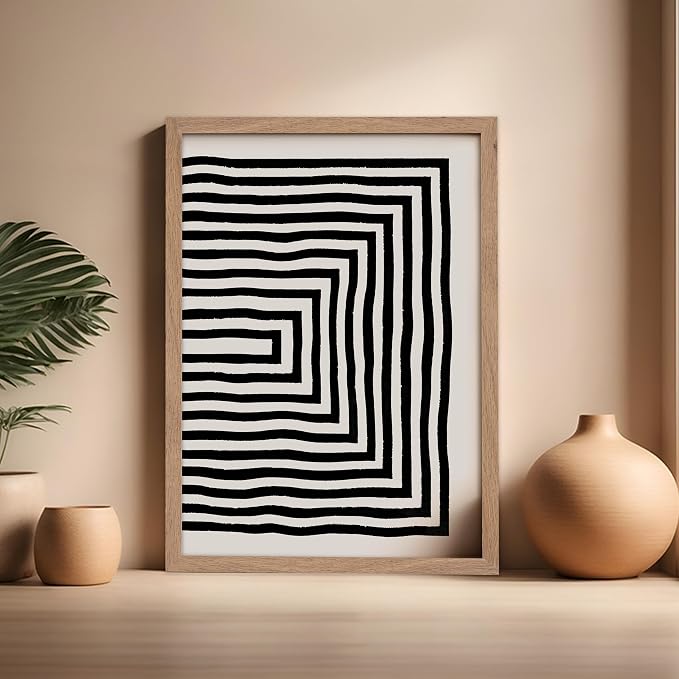 Poster Master Japanese Ink Poster - Rectangle Tunnel Print - Geometric Illustration - Abstract Illustration - Line Artwork - Mid Century Modern Art - Minimal Living Room Design - 16x20 Beige Framed