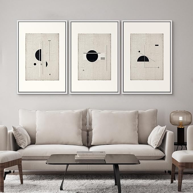 SIGNWIN Framed Canvas Print Wall Art Set Mid-Century Modern Geometric Polygons Abstract Shapes Illustrations Modern Art Decorative Minimal Duotone for Living Room, Bedroom, Office - 24"x36"x3 White