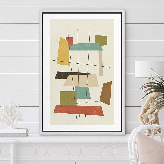 Woodrose Framed Canvas Print Wall Art 1960s Geometric Mid-Century Squares Abstract Shapes Illustrations Modern Minimalist Chic Relax/Calm Multicolor for Living Room, Bedroom, Office - 24"x36" White