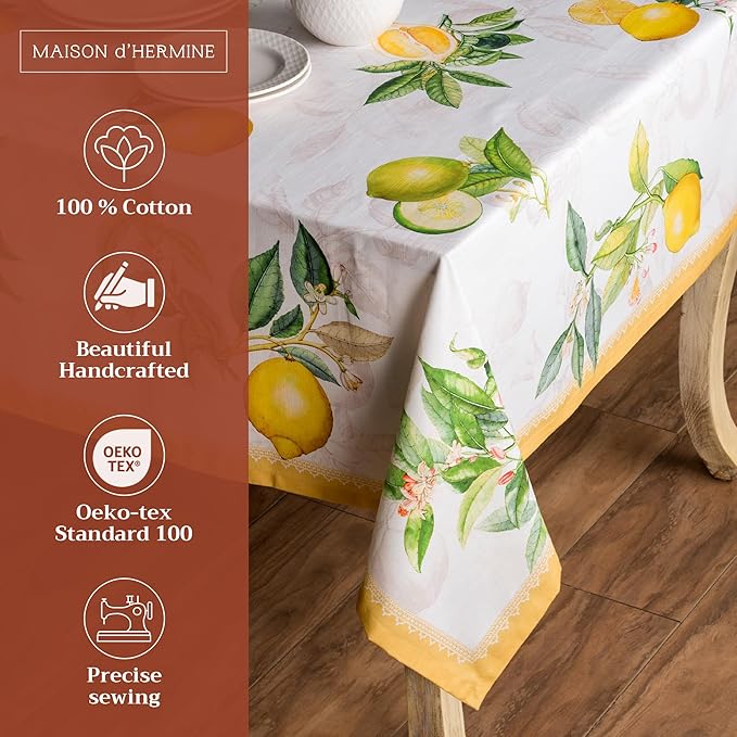 Maison d' Hermine Table Cloth Rectangle Table 100% Cotton 60 x 90 Inches Tablecloth Reusable Decorative for Dining Room Farmhouse Home Valentines Day Decorations Spring Summer - Limoncello