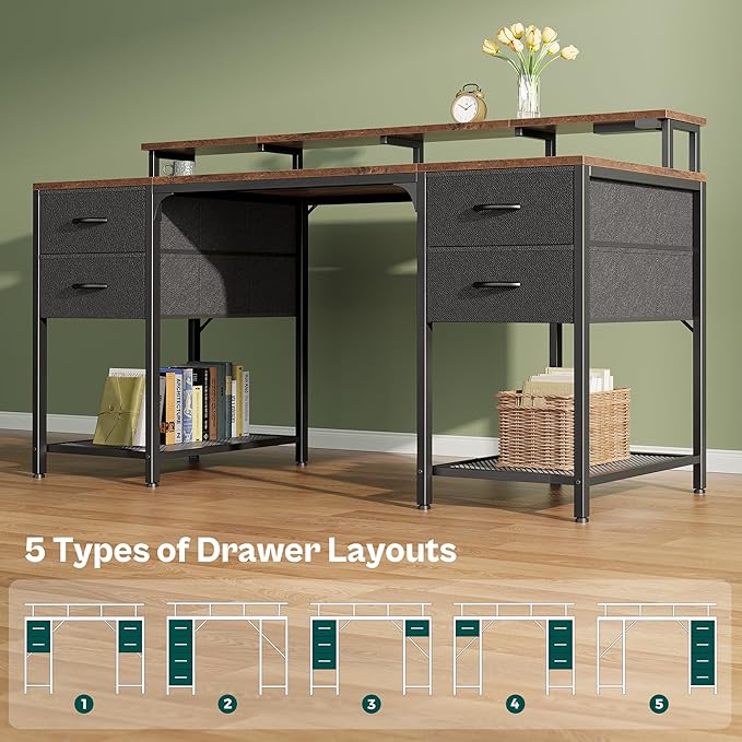 Huuger 63 inch Computer Desk with 4 Drawers, Gaming Desk with LED Lights & Power Outlets, Home Office Desk with Large Storage Space for Bedroom, Work from Home, Rustic Brown