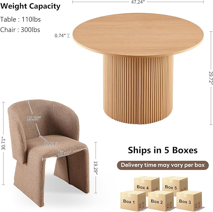 NORDICANA 5-Piece Round Dining Table Set for 4, Rustic 47-Inch Kitchen Table and Chair Set, Dining Set with Brown Upholstered Armchairs, Manufactured Wood Top with Oak Veneer