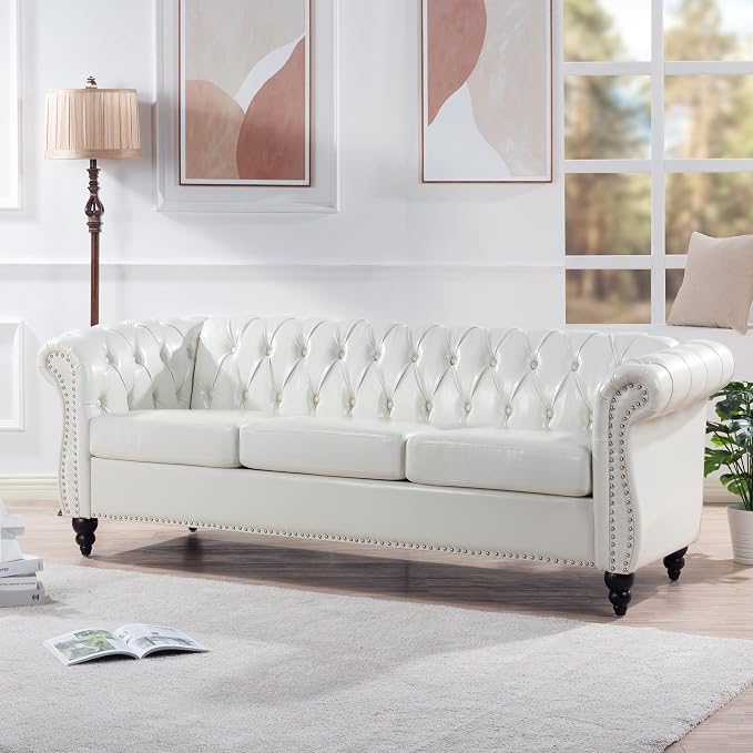 LEVNARY Chesterfield Sofa, Classic Tufted Upholstered Leather Couch, Modern 3 Seater Couch Furniture with Tufted Back for Living Room Office (Cream White)