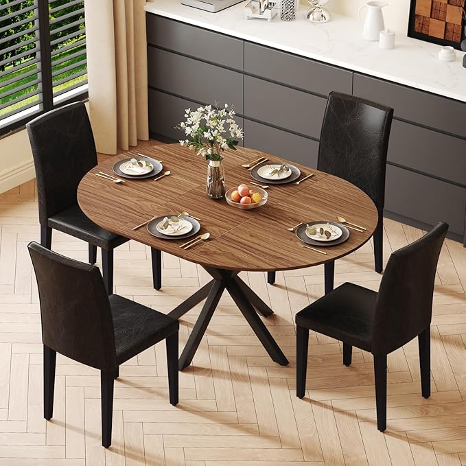 Round Dining Table Set for 4, 43-59" Extendable Dining Room Table Set, Walnut Wood Grain Table and 4 Black PU Leather Upholstered Chairs Set, Mid Century Modern Kitchen Table Set with Cross Legs