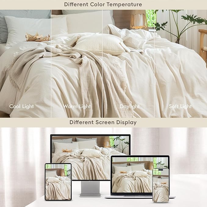 MooMee Striped Duvet Cover Set 100% Washed Cotton Linen Like Textured Breathable Durable Soft Comfy (Almond Milk Grey Pinstripes, Queen 90"x90")
