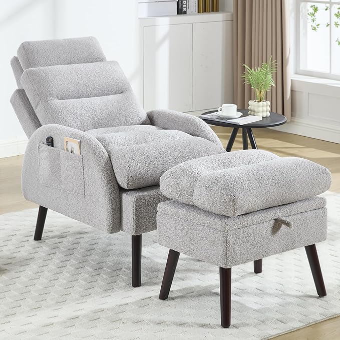 HCHAIRH Accent Chair with Ottoman Set, Comfy Teddy Reading Chair and Ottoman, Modern Oversized Lounge Armchair with Adjustable Backrest for Living Room Bedroom, Light Grey