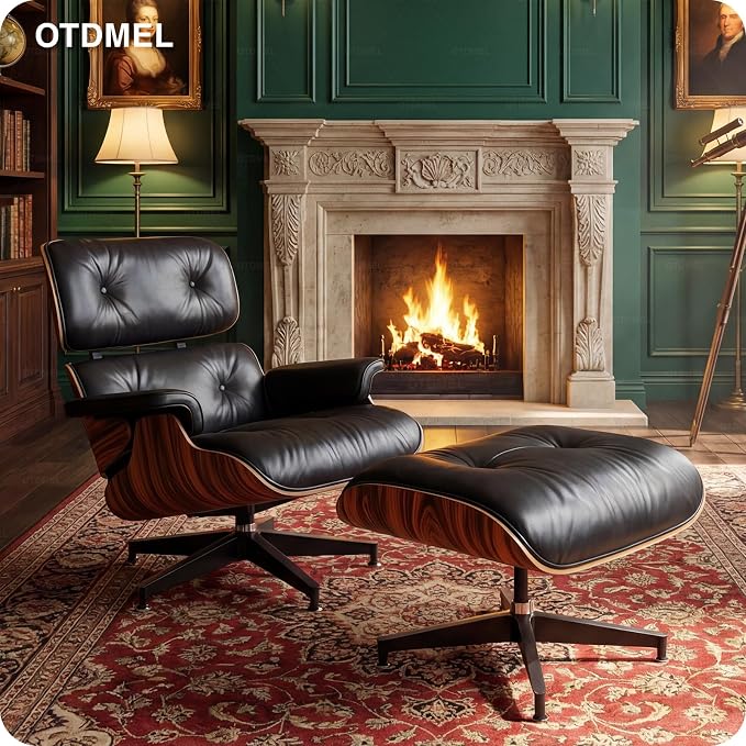 Luxury Top Black Grain Leather Mid Century Chaise Lounge Chair with Ottoman, Premium Handcrafted Rosewood, Ergonomic Modern Accent Chair for Living Room Office