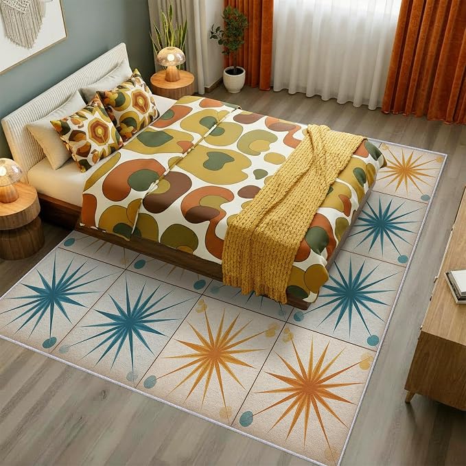 Starburst Rug Large 8x10 Mid Century Atomic Checkboard Distressed Pattern Area Rugs for Living Room, Bedroom, Starburst Home Decor Accessories Indoor Carpet, Non Slip & Machine Washable
