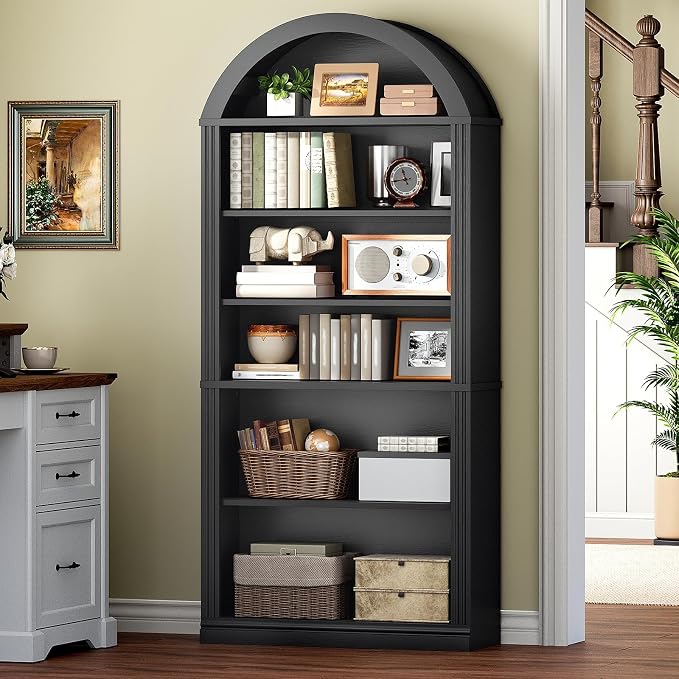 RALGEND Arched Bookshelf, 75.8" Tall Arch Bookcase with Storage, 6-Tier Farmhouse Book Shelf, Arched Cabinet, Wooden Bookshelf with Open Display Shelves, Adjustable Shelf, Office, Black