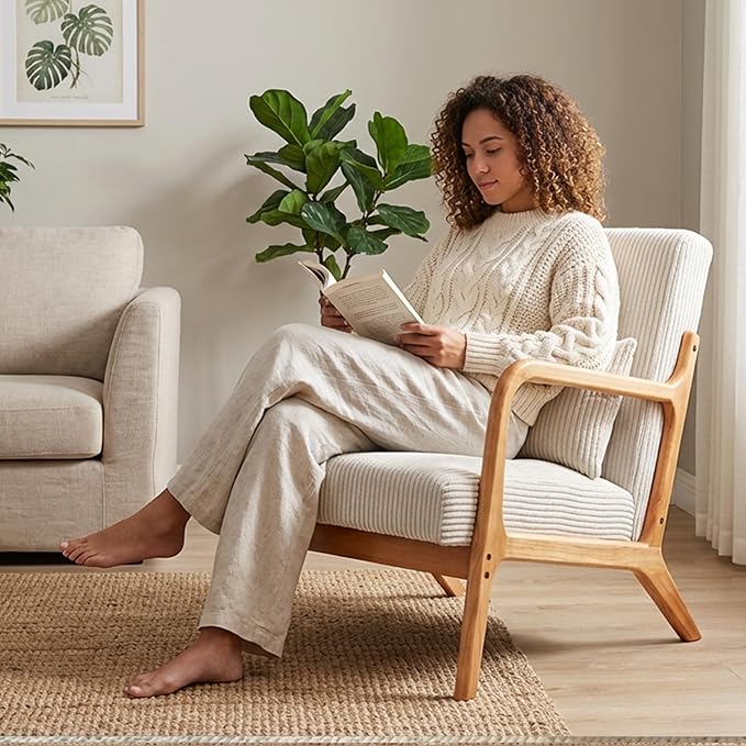 HjaustevyAccent Chairs, Mid Century Modern Chair with Pillow, Arm Chair with Solid Wood, Reading Relaxing Leisure Chair for Living Room, Waiting Room, Beige