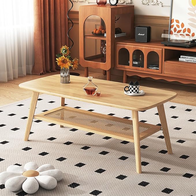 Coffee Table Small Solid Wood Center Table Mid Century Vintage Living Room Coffee Table, Original Rattan 39.37 Inch