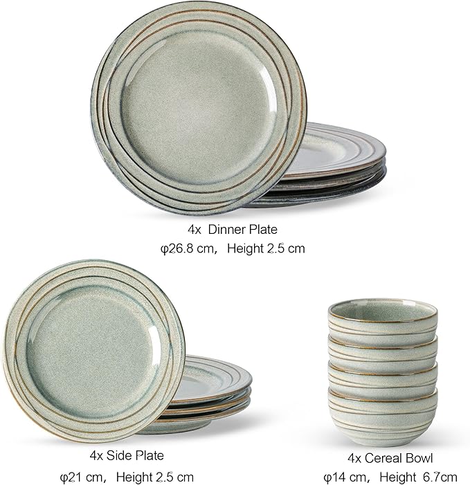 GBHOME Ceramic Dinnerware Sets,12 pcs Embossed Elegant Stoneware Plates and Bowls Sets, Housewarming Wedding Gift | Dishwasher & Microwave Safe | Dishes Set Service for 4