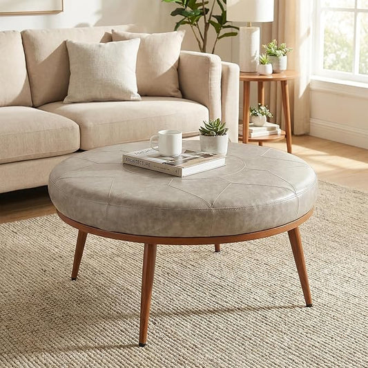 Elegant Round Ottoman Coffee Table - PU Leather Fabric, Metal Frame, Thick Cushioned Tabletop for Living Room, Therapy Room, or Style Lovers - Perfect as Coffee Table, Footstool, or Chair-Grey