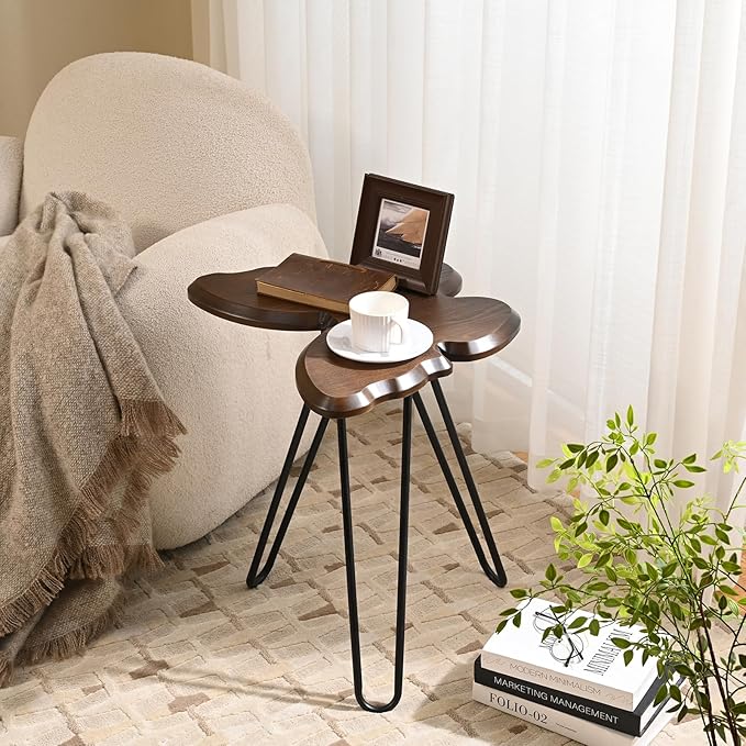 Butterfly Accent Side Table, Walnut Brown MDF Wood Top & Black Hairpin Legs, Small Modern End Table，21.75" Tall for Living Room, Bedroom or Small Spaces