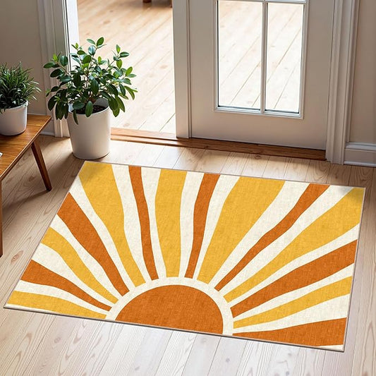 Front Door Mat Outside Entrance - 2x3 Boho Non-Slip Washable Doormat Indoor Outdoor Mat Orange Modern Retro Sun Entry Rug Small Throw Rugs for Entryway Bedroom Kitchen Front Porch Decor