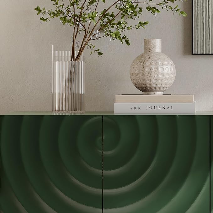Wave Pattern Sideboard Buffet Cabinet - Modern Luxury Multifunctional Storage Cabinet with 3D Textured Doors, Display Cabinet for Dining Room Living Room Entryway (Green)