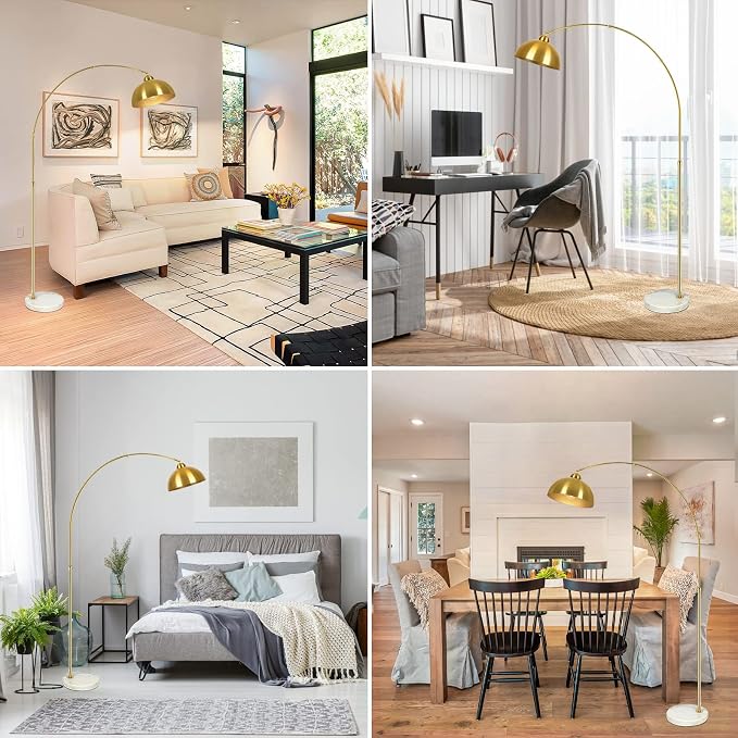 Contemporary Gold 73" Arc Floor Lamp with Hanging Dome Shade, Marble Base Adjustable Farmhouse Over the Couch Tall Stand Up Light, Industrial Task/Reading Standing Corner Lamp for Living Room Bedroom