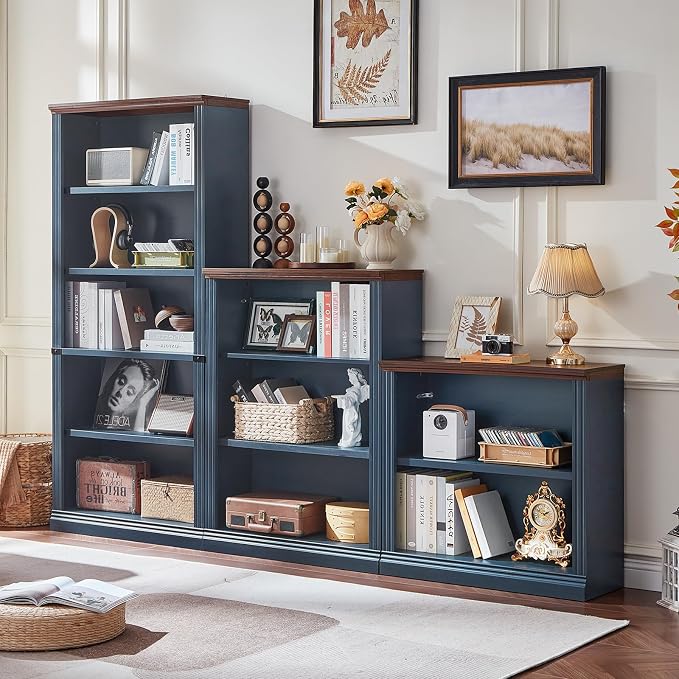 RWYHG 30" Blue Bookshelf Set of 3,2-Tier Thick Wood Book Shelf with Adjustable Shelve,Free Standing Farmhouse Bookcase with Open Display Storage,Floor Vintage Bookshelves for Living Room,Office