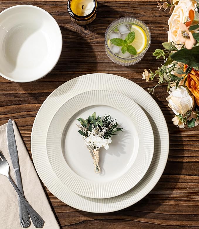 TheTerra Stoneware Dinnerware Sets for 4, 12 Pieces Ceramic Plates and Bowls Sets, Scratch Resistant Embossed Dish Set, Oven, Microwave & Dishwasher Safe, Reactive White