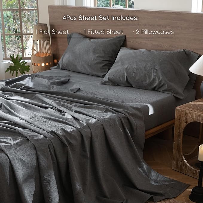 MooMee Bedding Sheet Set 100% Washed Cotton Linen Like Textured Breathable Durable Soft Comfy (Heathered Dark Grey, California King)
