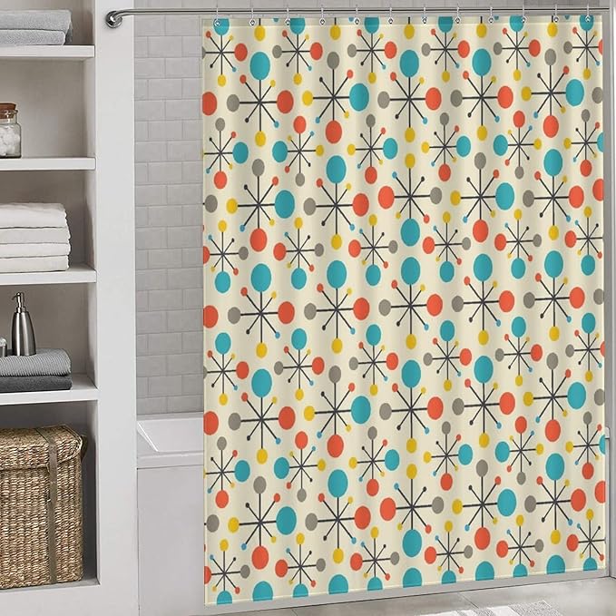 Mid Century Modern Shower Curtain,Atomic Retro Colourful Geometric Polka Dots Stripe Vintage 1950s Bathroom Curtain Polyester Waterproof Fabric Decor 66x72in（168x183cm）