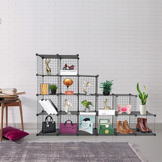 Wire Cube Storage Organizer, Metal Storage Shelves Bookshelf, Stackable Modular Closet Organizer for Bedroom Living Room, Office,Storage Shelves（16-Cube，Black）