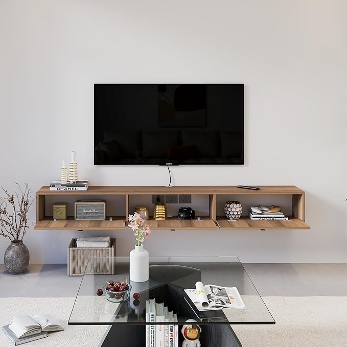 Solid Wood Floating TV Shelf, 63'' Wall Mounted TV Cabinet, Floating Shelves with 3 Doors, Wooden Mid-Century Entertainment Media Console Center Large Storage Under TV (Walnut)