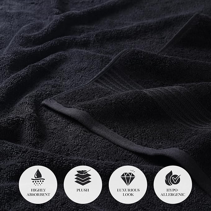 Superior Heritage Egyptian Cotton Bath Towel Set, Large Body Towels for Home Bathroom, Master, Guest Bath Decor, Plush, Absorbent Basics, Spa, Hotel, Resort, Luxury Essentials, Set of 4, Black