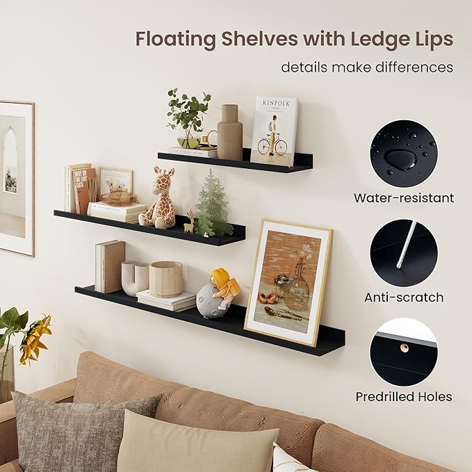 Axeman Picture Ledge Shelf | 16 Inch Black Floating Shelves Set of 3 | Rustic Wood Wall Shelves with Lip | 16" Black Picture Shelf for Wall with Ledge | Photo Shelves
