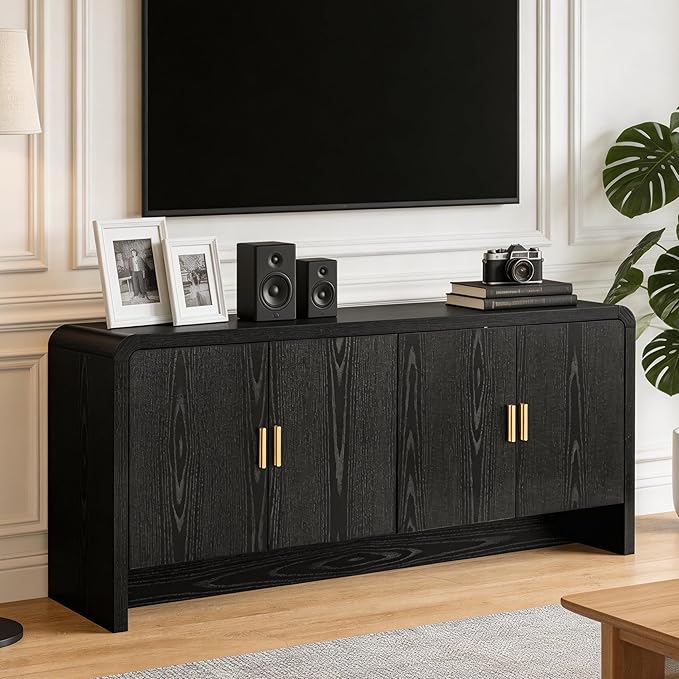 Finnhomy 68'' Sideboard Buffet Cabinet with Storage, Curved Design Credenza Storage Cabinet with 4 Doors, Console Cabinet for Kitchen, Living Room & Hallway, Black