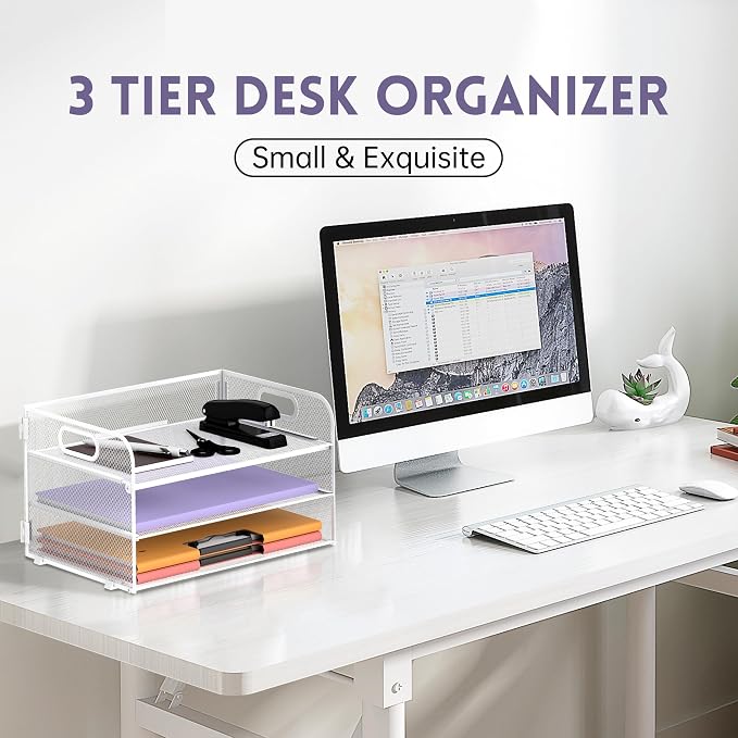Supeasy 3 Tier Paper Organizer with Handle, Mesh Desk Organizer Letter Tray, Paper Tray File Organizer for A4 File Folder, White