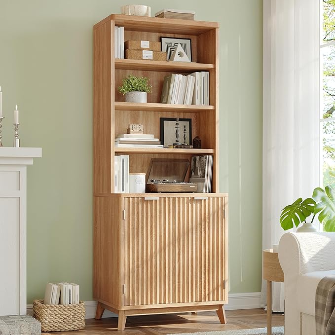 DurayLoly Tall Bookshelf, 6-Tier Bookcase with Fluted Doors & Adjustable Shelves, Mid-Century Cabinet, Modern Wooden Book Shelf for Home Office, Living Room, Kitchen, Light Oak