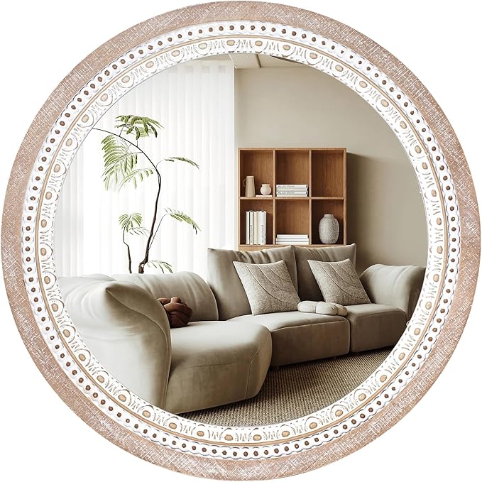 Reflinto 30 Inch Rustic Farmhouse Round Mirror for Wall Decor, | Boho Wood Frame Circle Decorative Mirrors for Bathroom Over Sink, Bedroom, Living Room, Entryway, Foyer