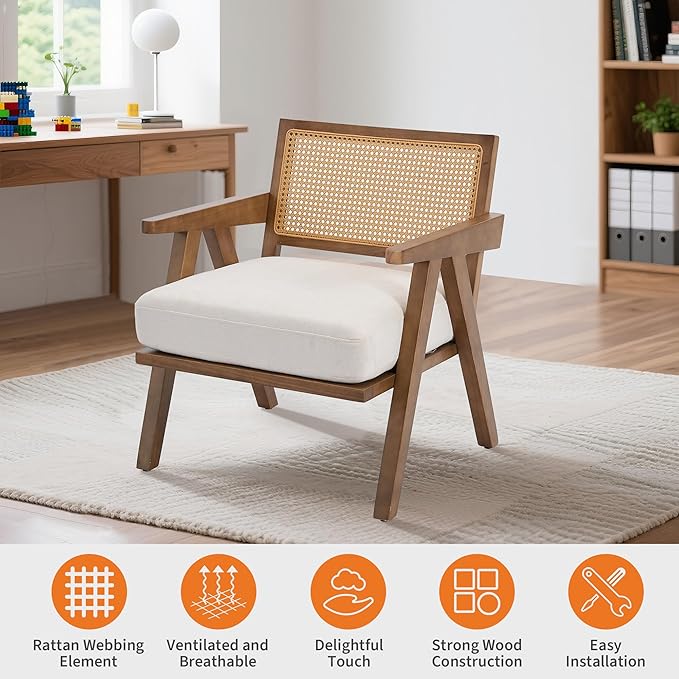 Mid Century Modern Accent Chair, Comfy Living Room Chairs with Sturdy Wood Legs, Rattan Backrest & Beige Thick Linen Cushion, Armchair for Bedroom Balcony Apartment, Beige (2 PCS)