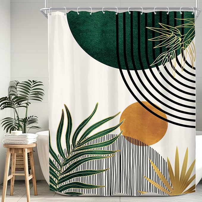 KOMLLEX Mid Century Green Boho Shower Curtain 72Wx78L Inches Abstract Modern Shower Curtains for Bathroom Decor Plant Botanical Minimalist Leaf Arch Sun Fabric Liner Waterproof Polyester 12 Pack Hooks