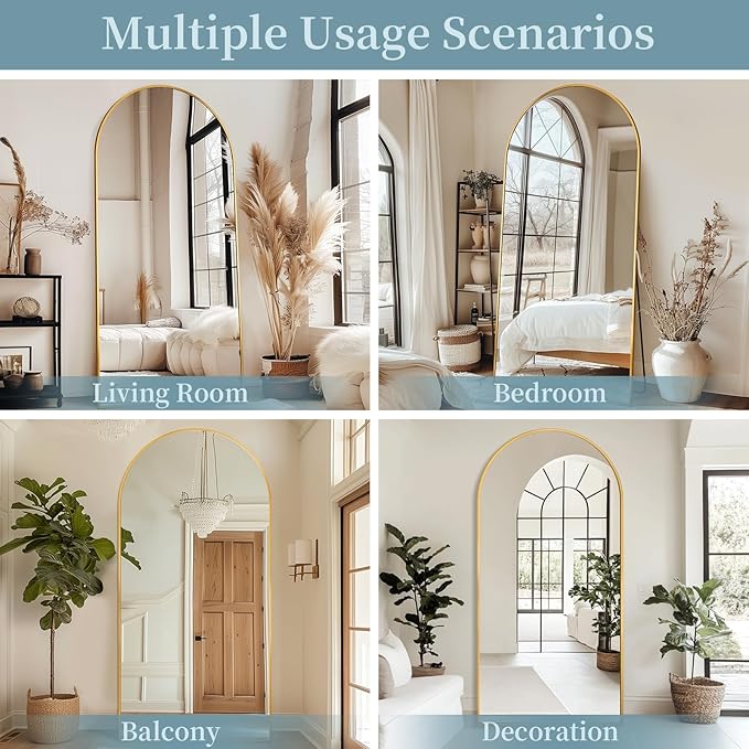 Full Length Mirror with Stand, 76"x34" Arched Full Body Mirror, Large Stand Up Mirrors, Aluminum Frame Floor Standing Mirrors, Freestanding Hanging Leaning Mounted for Bedroom Living Room, Gold
