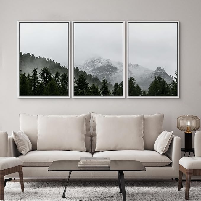 SIGNWIN 3 Piece Framed Canvas Wall Art Foggy Mountains Canvas Prints Home Artwork Decoration for Living Room,Bedroom - 24"x36"x3 White