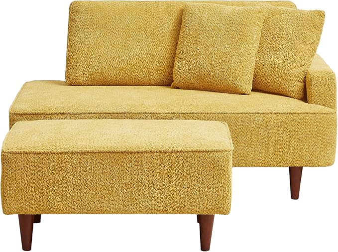 GDFStudio Upholstered Chaise Lounge Chair Indoor with Ottoman, Boucle Fabric Chaise Chair with 2 Throw Pillows and Solid Wood Legs, Recliner Lounge Chair for Office Living Room Bedroom, Yellow